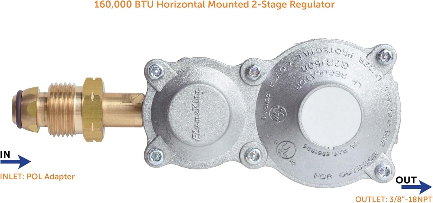 imageFlame King 300000 BTU Horizontal Mounted 2Stage Propane LP Regulator with POL for RVs Vans Trailers Campers 100LB Tanks ASME Tanks Generators160 000 BTU