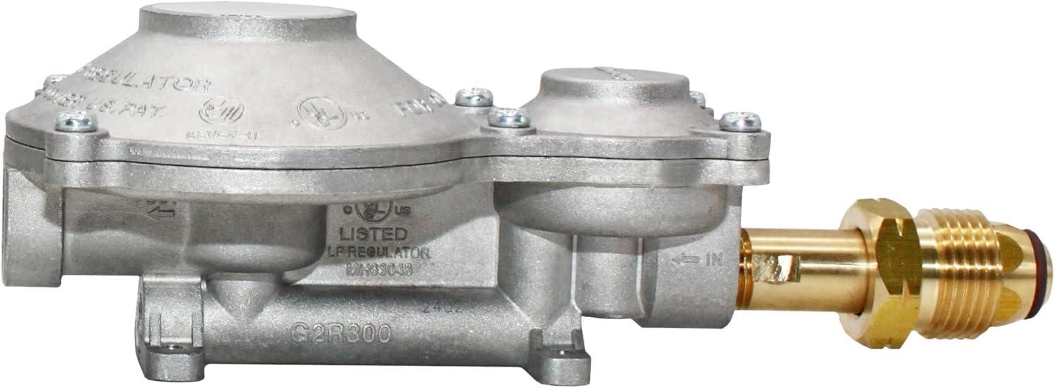 imageFlame King 300000 BTU Horizontal Mounted 2Stage Propane LP Regulator with POL for RVs Vans Trailers Campers 100LB Tanks ASME Tanks Generators300 000 BTU