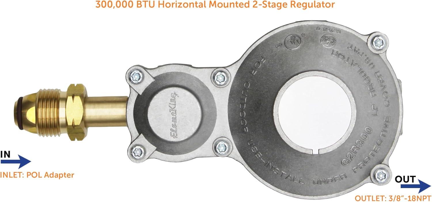 imageFlame King 300000 BTU Horizontal Mounted 2Stage Propane LP Regulator with POL for RVs Vans Trailers Campers 100LB Tanks ASME Tanks Generators300 000 BTU
