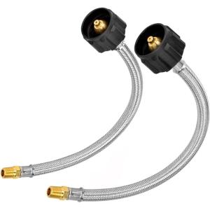 imageFlame King FKSSPT12INX2 14quot Male NPT Adapter Not Flare Stainless Steel Braided Propane Pigtail Hose 2Pack for RV Regulators SteelBlackBrass12 inches