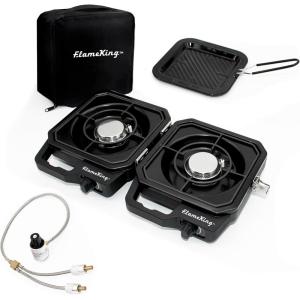 imageFlame King CampactCooker Dual Burner Propane Camping Stove with Detachable Grill Portable Foldable Cooking Stove 12000 BTU for Camping Patio Emergency Hiking Black